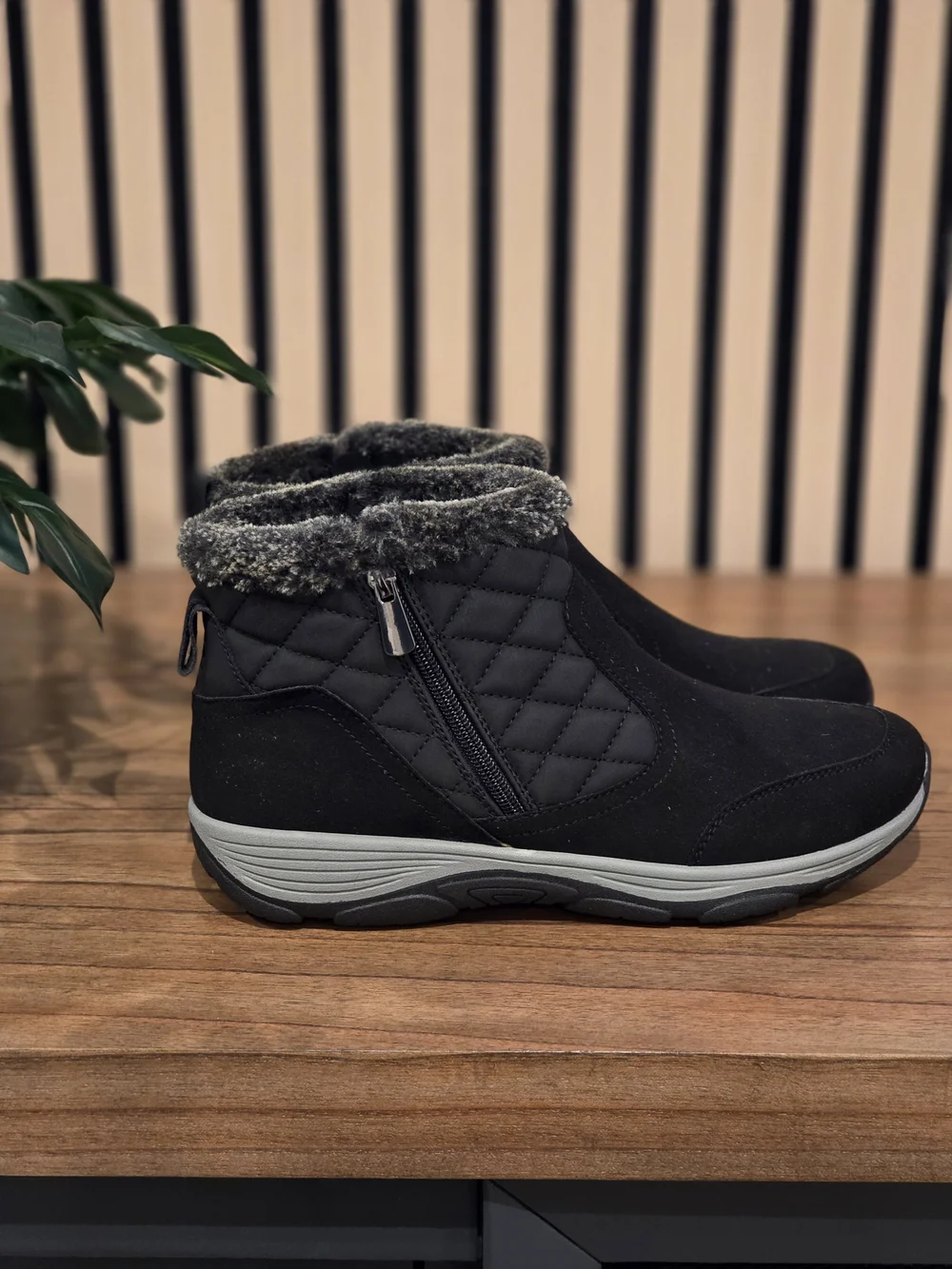 Easy Spirit Quilted Faux-Fur Ankle Boots - Black with Gray Trim